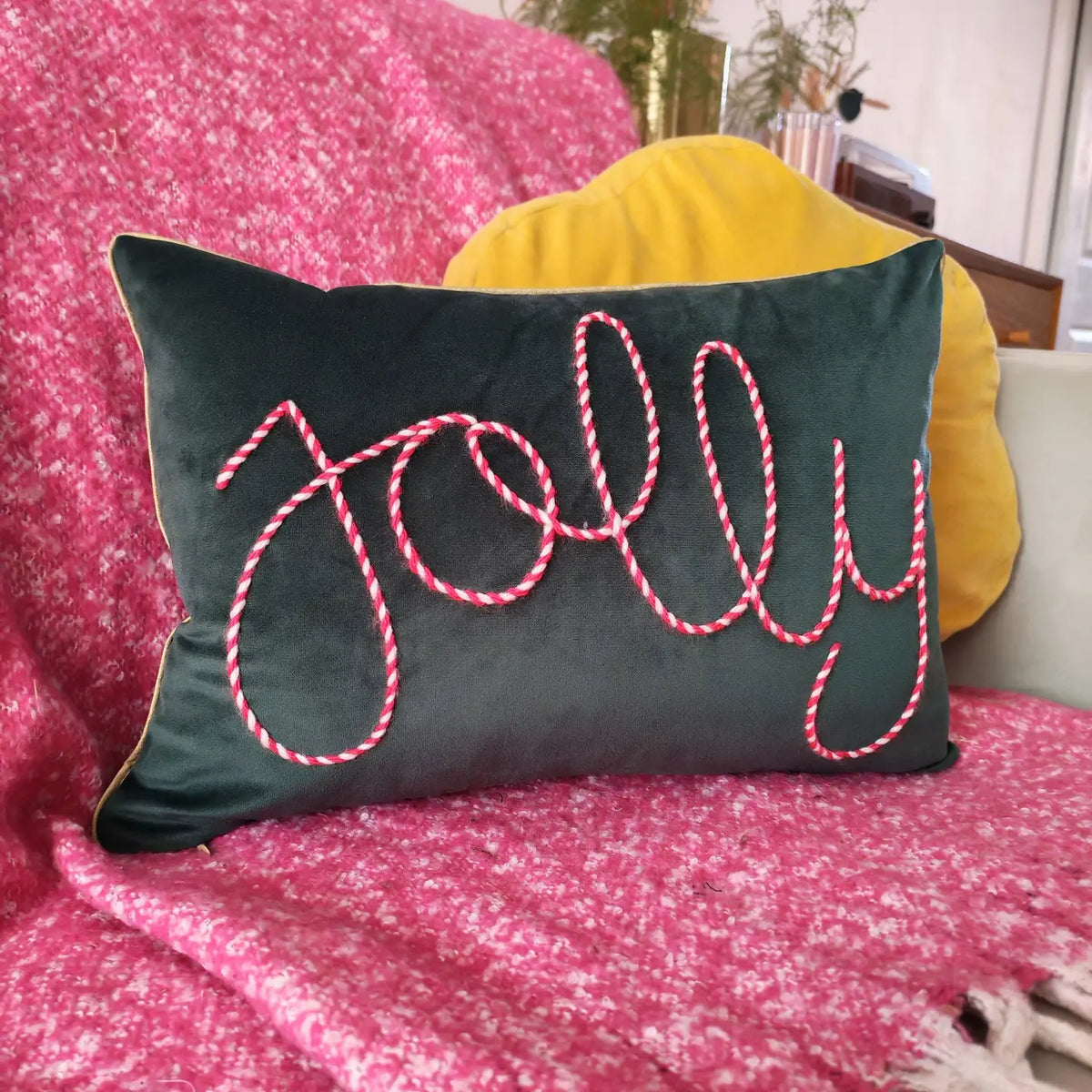 Jolly Embroidered Velvet Christmas Cushion