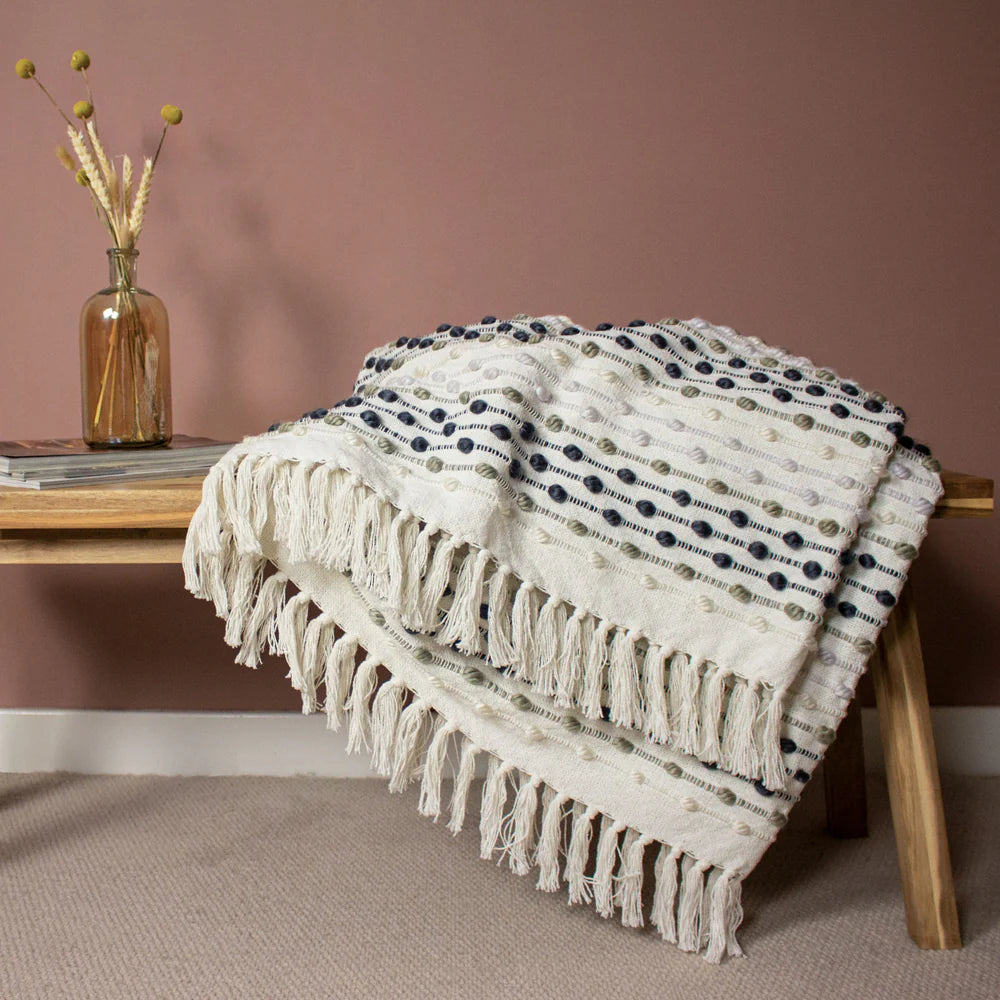 Grey Stripe Throw – Recycled Cotton Blend with Tassels