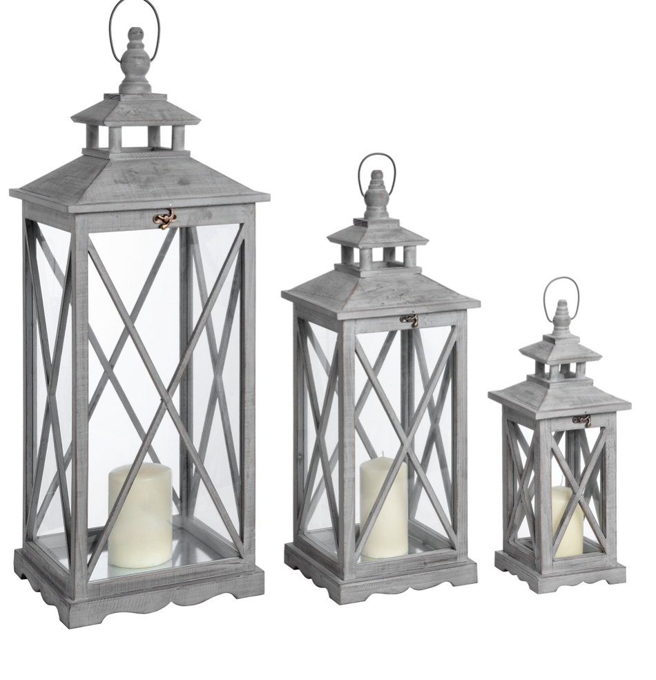 Set Of Three Wooden Lanterns With Traditional Cross Section