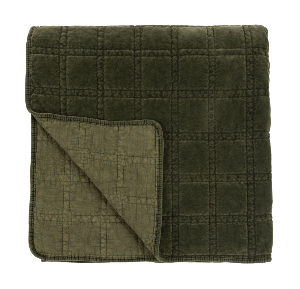 Cotton Velvet Quilted Bedspread Olive