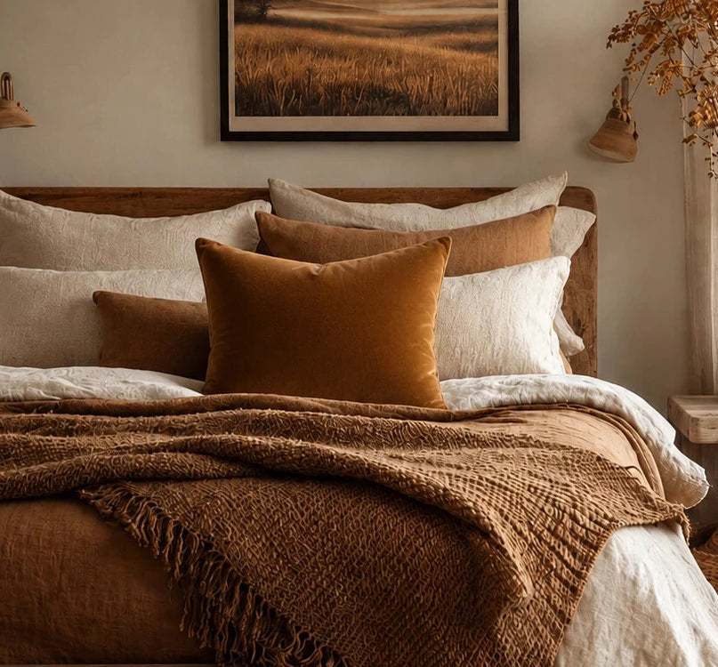 Luxurious Organic Cotton Velvet Cushion - Caramel