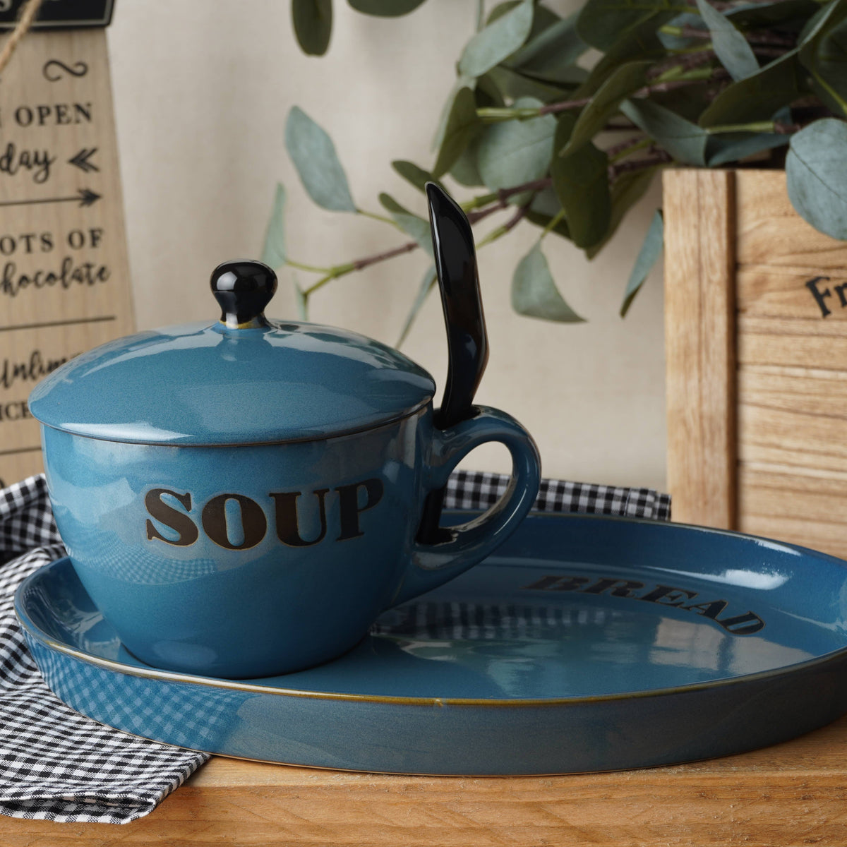 Soup Bowl and Bread Plate - Blue