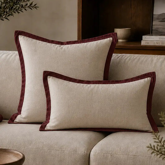 Pure Linen Cushion - Natural/ Merlot Contrast