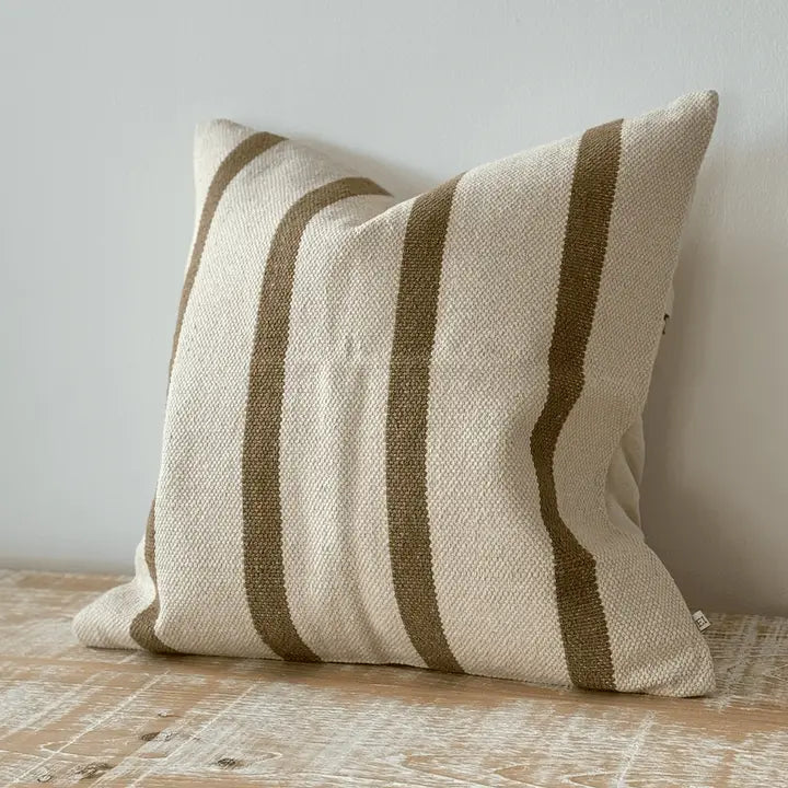 India Luxe Cotton Cushion - Olive & Cream Stripe
