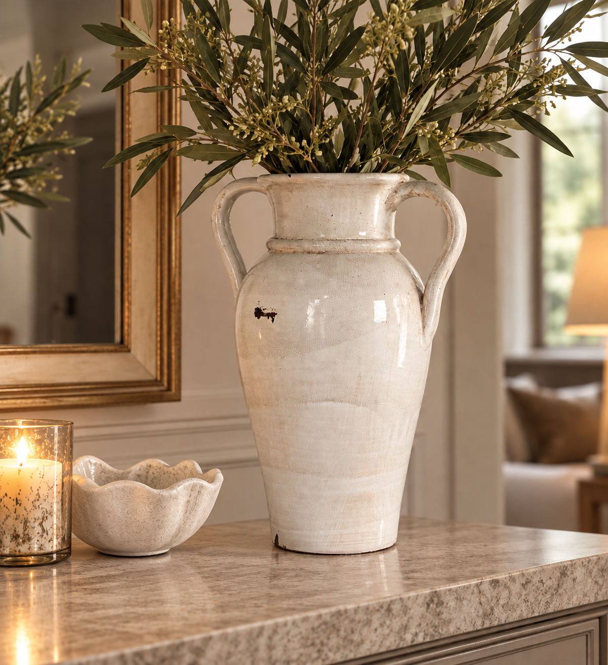Cream Distressed Tall Urn Vase with Handles