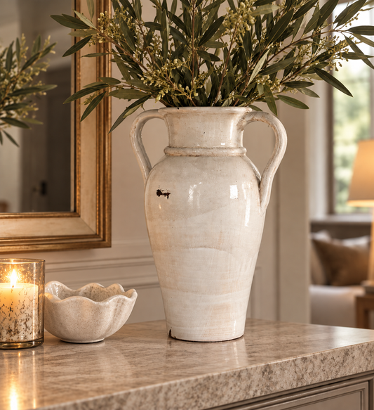 Cream Distressed Tall Urn Vase with Handles