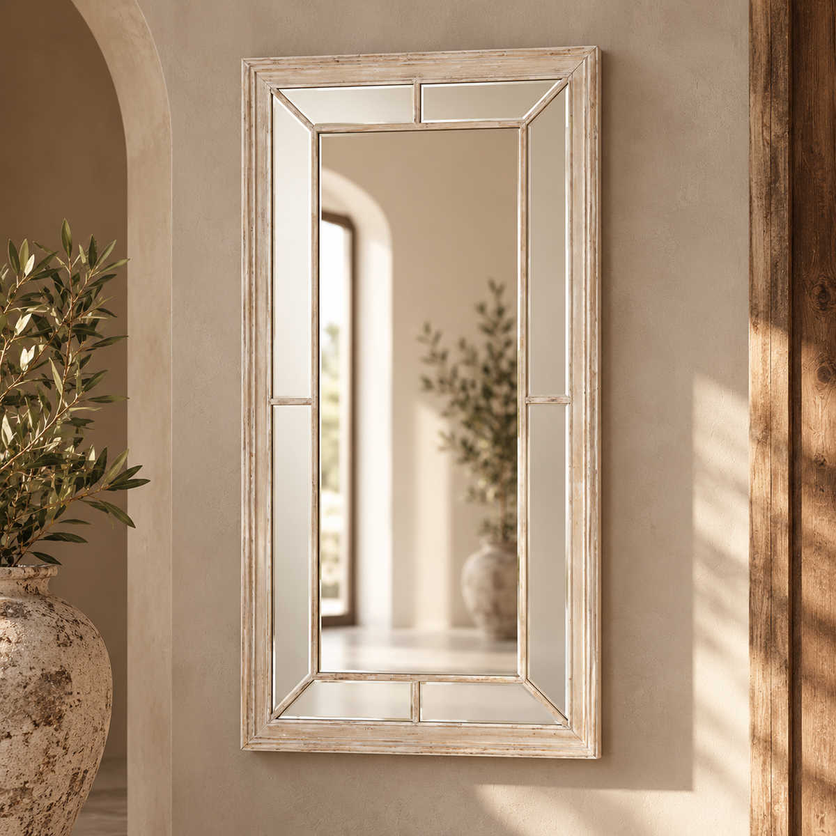 Large Washed Wood Framed Window Mirror