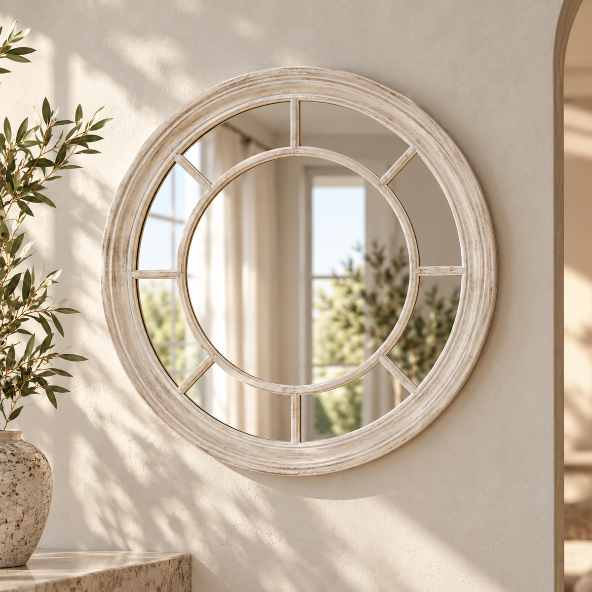 Washed Wood Framed Round Mirror