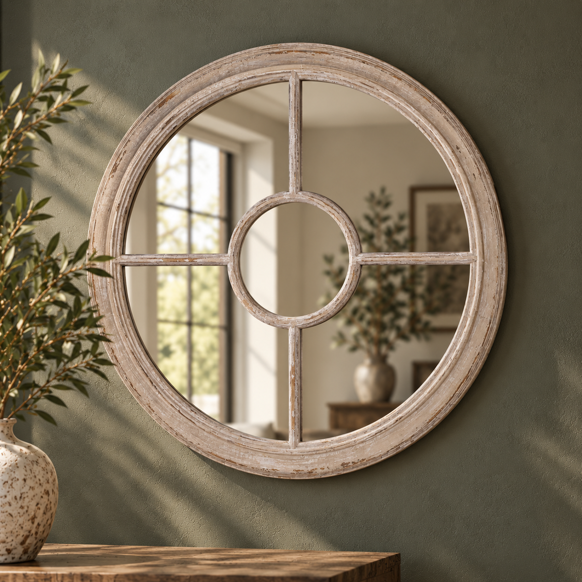 Large Round Taupe Window Mirror