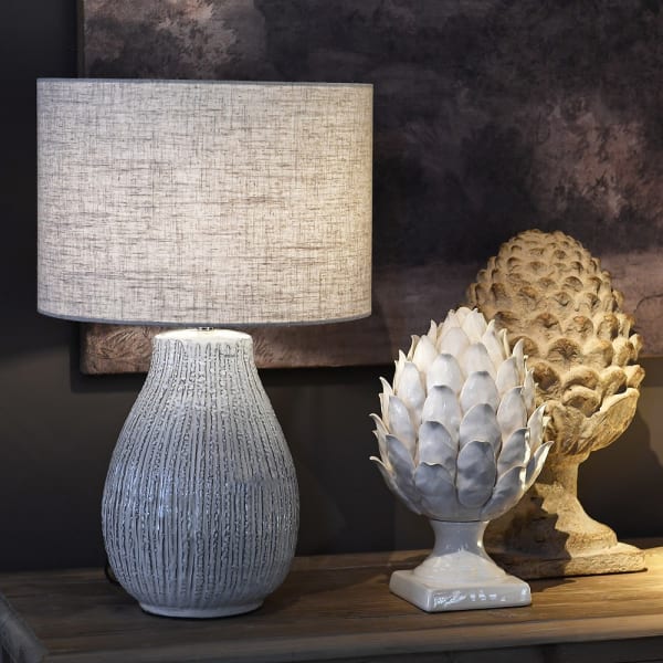 Bulbous Textured Cream Table Lamp with Linen Shade