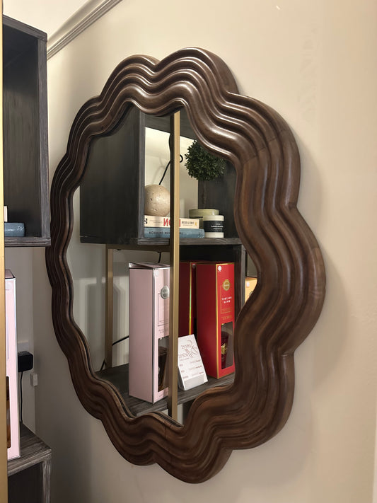 Round wavy wooden mirror