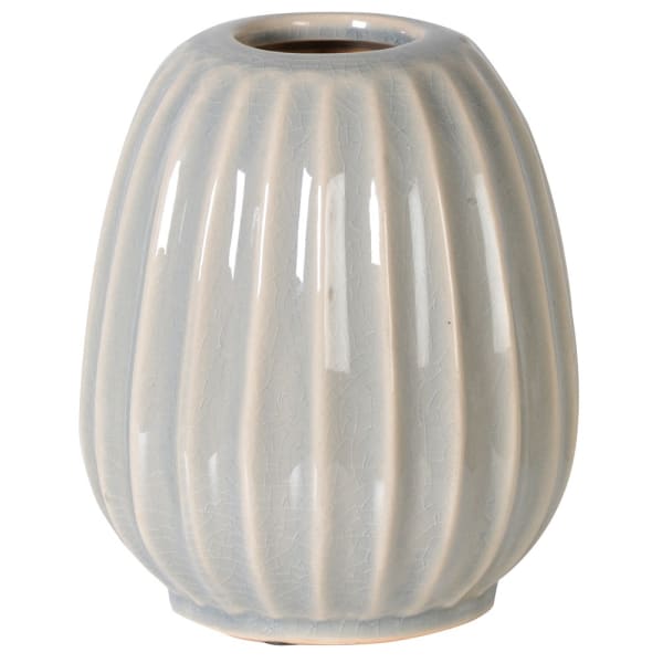 Gray ceramic vase with ribbed texture on a white background