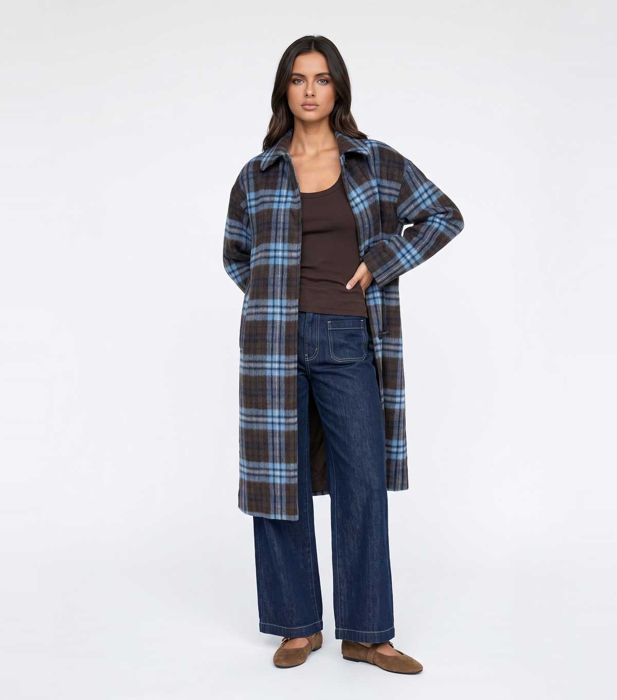 Urban bliss blue check collard longline coat