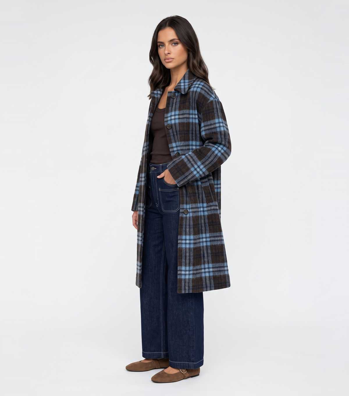 Urban bliss blue check collard longline coat