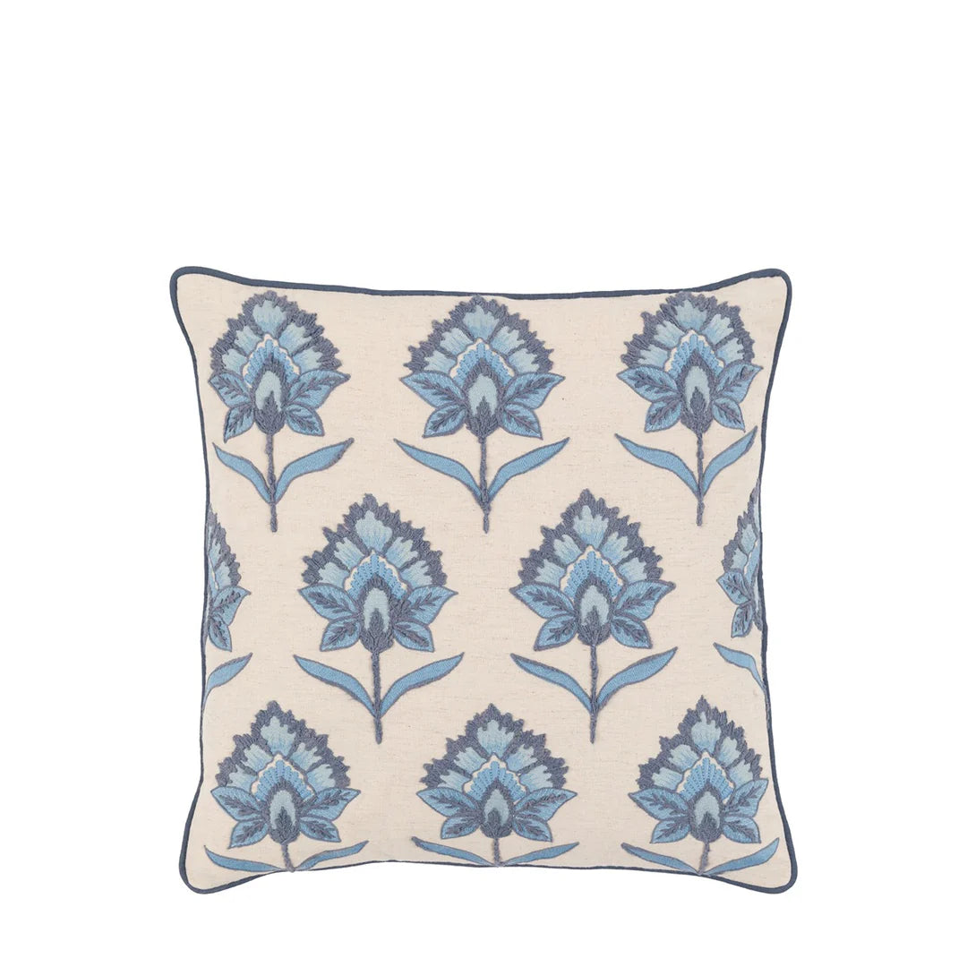 Floral Embroidered Cushion - Blue