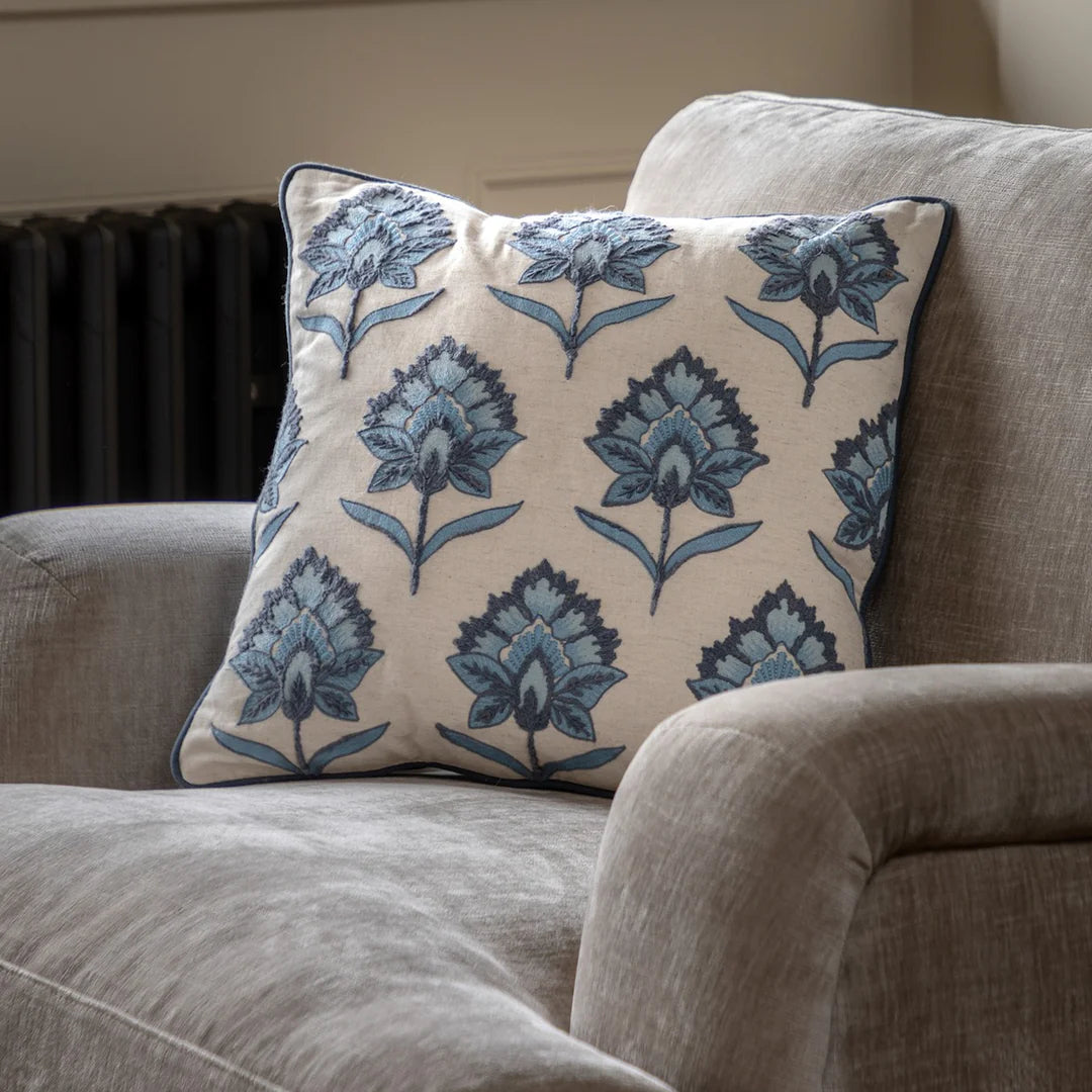Floral Embroidered Cushion - Blue