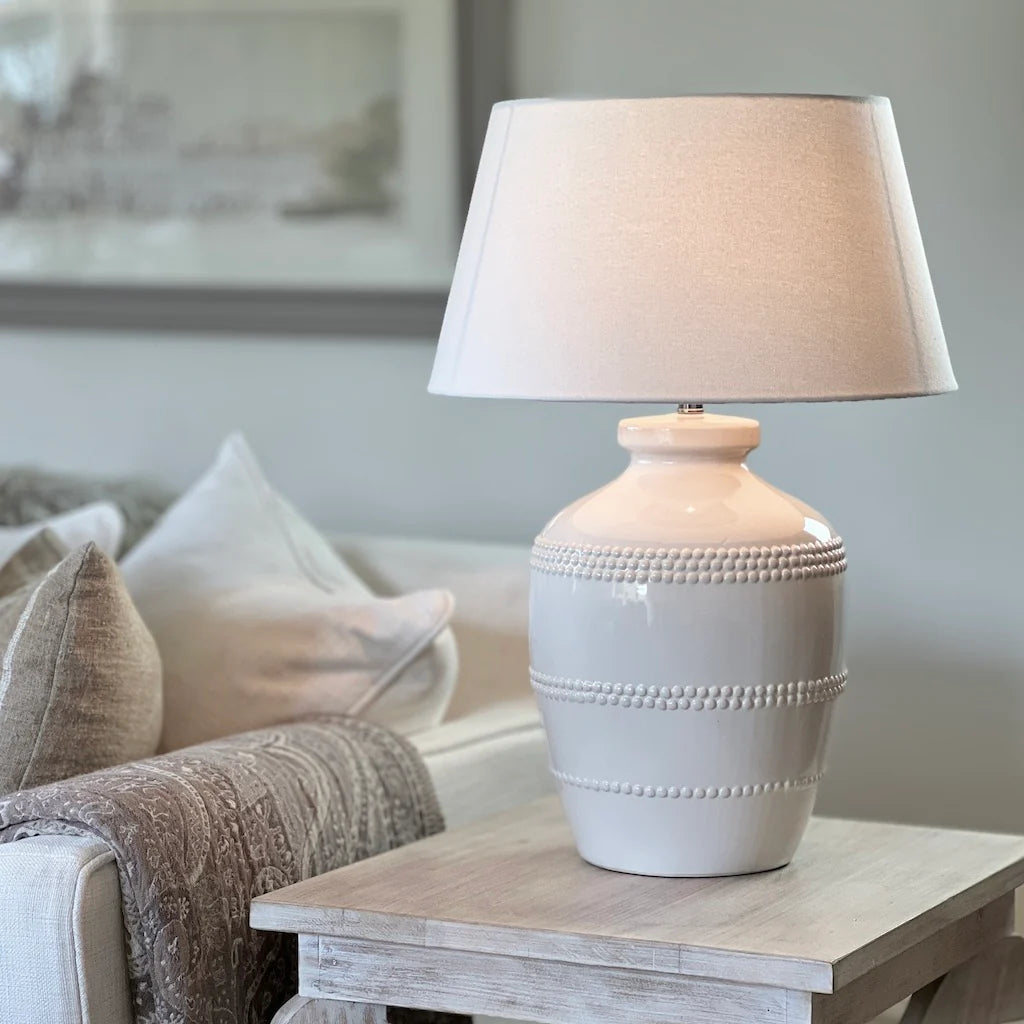 White Beaded Table Lamp with Linen Shade