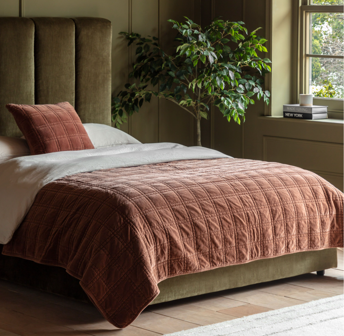 Cotton Velvet Quilted Bedspread Rust