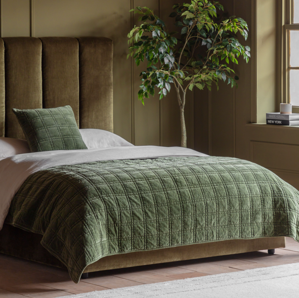 Cotton Velvet Quilted Bedspread Olive