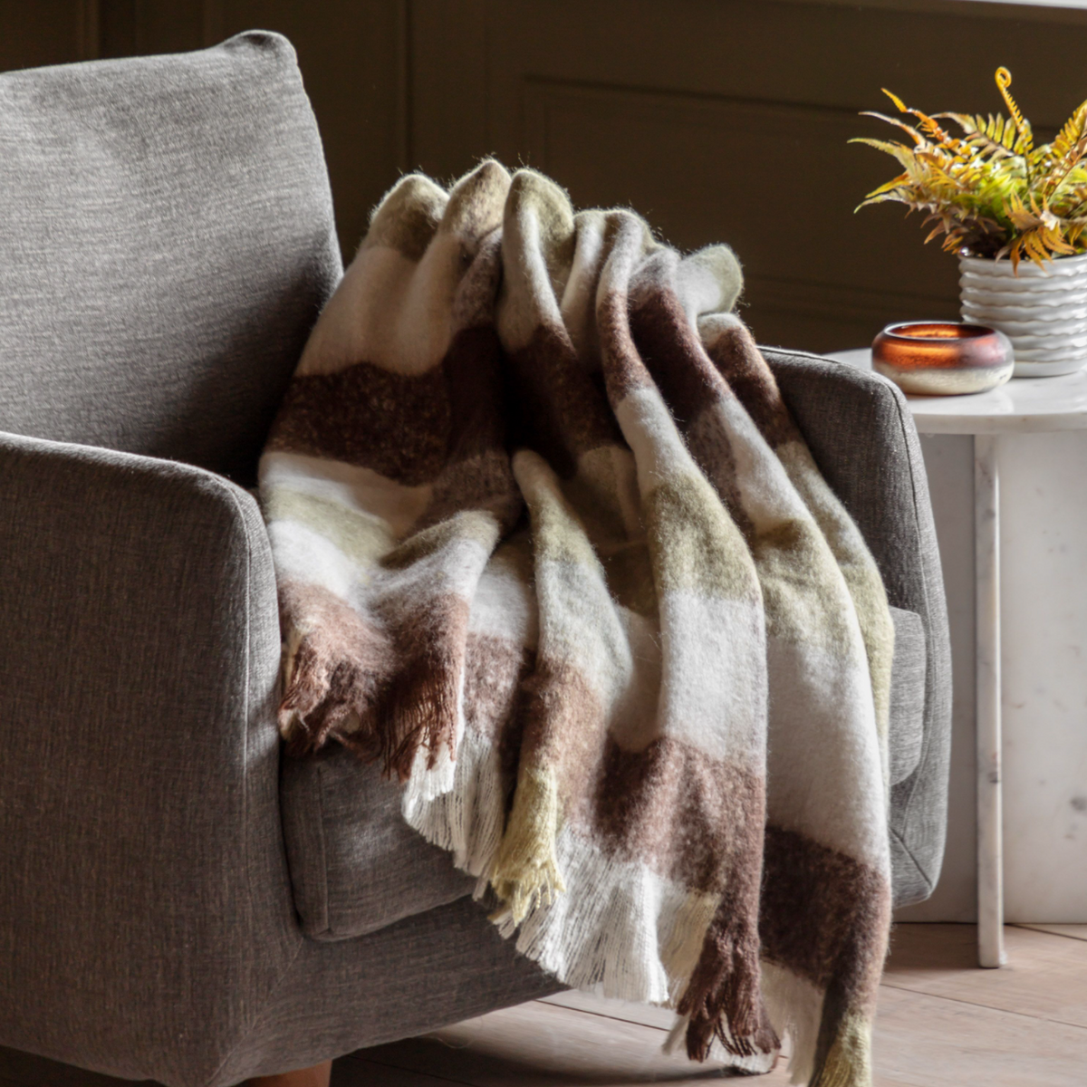 Check Faux Mohair Throw Olive