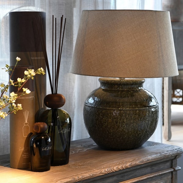 Moss Glazed Stoneware Table Lamp with Linen Shade