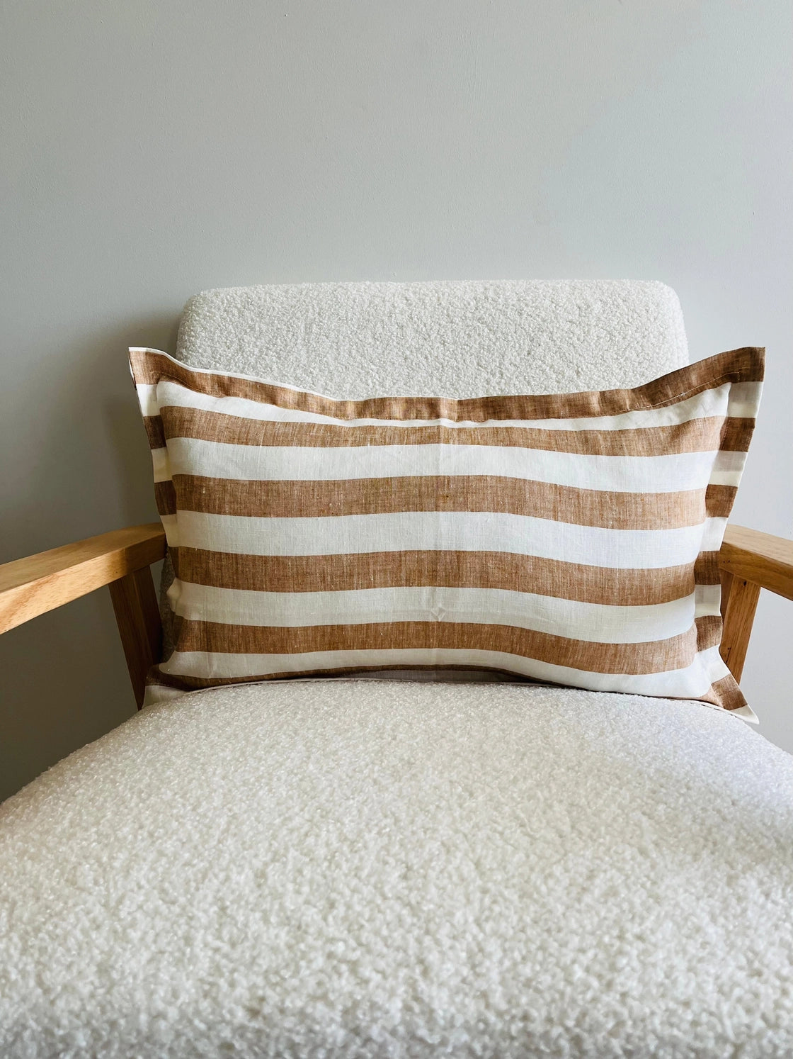 Pure French Linen Lumbar Cushion with Flange Detail - Wide Toffee Stripe