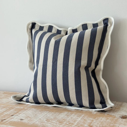 Navy Stripe Scalloped Edge Cushion