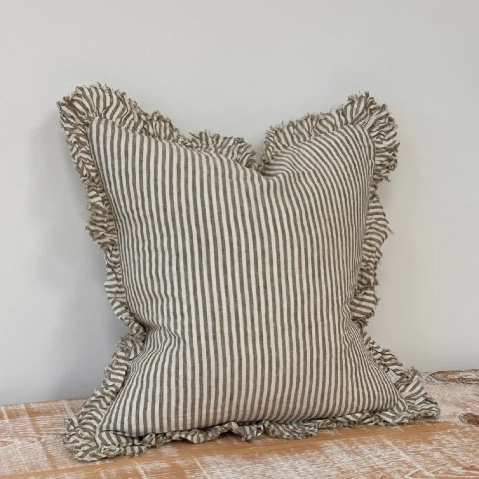 Ruffled Linen Cushion – Olive Stripe