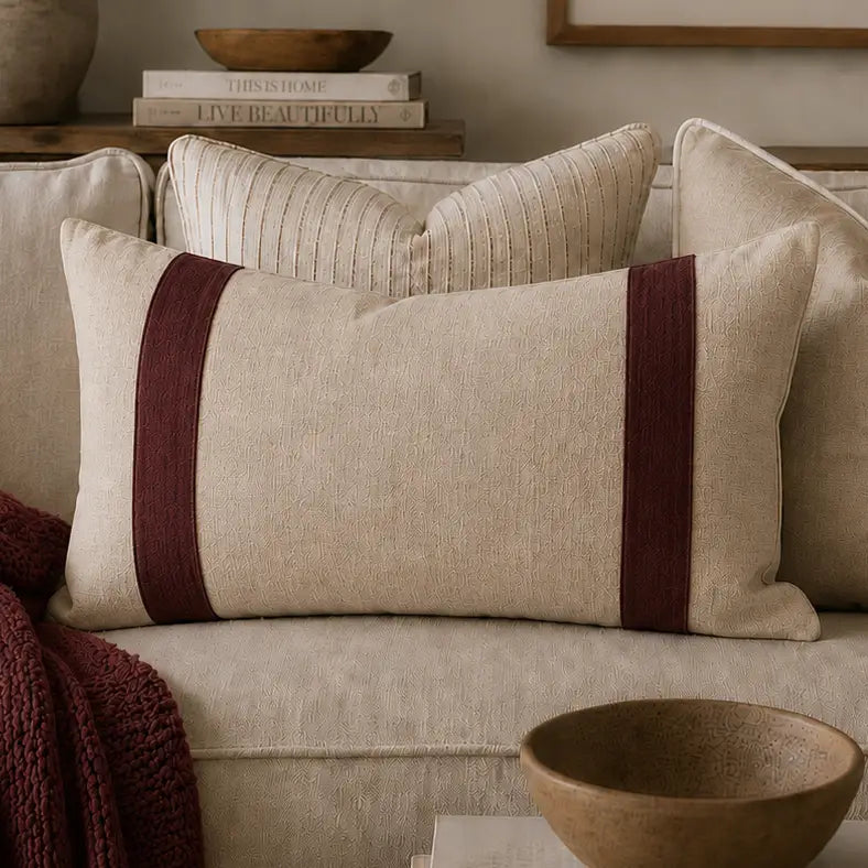 Natural & Merlot Pure Linen Lumbar Cushion