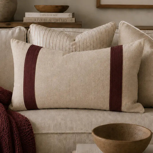 Natural & Merlot Pure Linen Lumbar Cushion