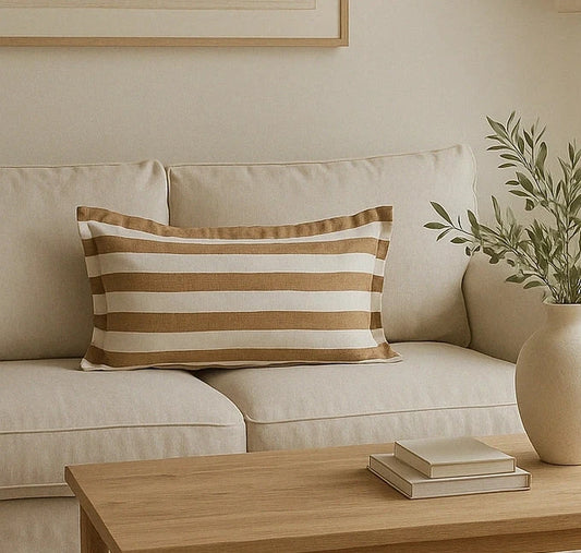 Pure French Linen Lumbar Cushion with Flange Detail - Wide Toffee Stripe