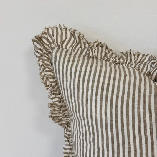 Ruffled Linen Cushion – Olive Stripe